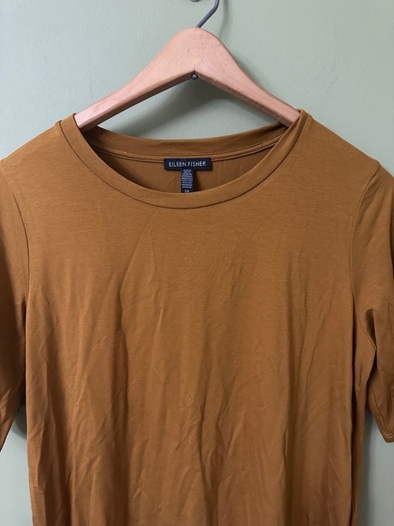 Eileen Fisher Tencel Tunic Sz SP Top Mustard Tan Short Sleeve Side Slit Stretch - Picture 1 of 8
